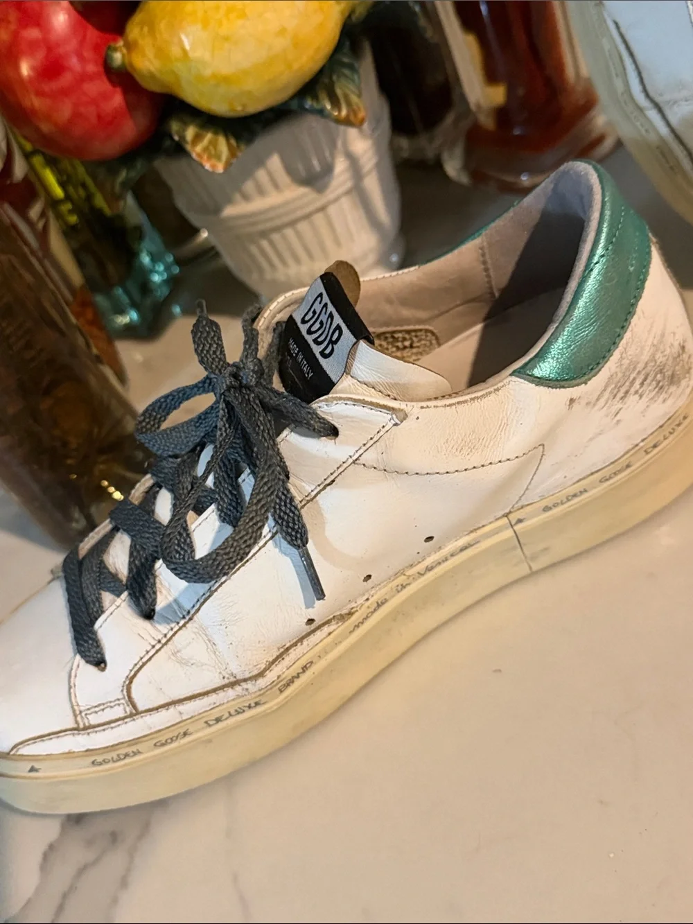 Golden Goose white leather sneakers with teal heel tabs fits 71/2